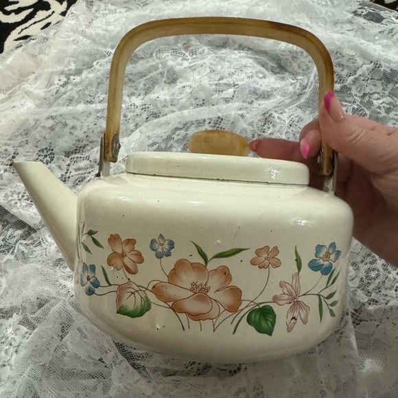 Vintage Other - VTG Floral MCM Enamel Wood Handle Teapot Kettle Cottagecore Shabby Chic Patina